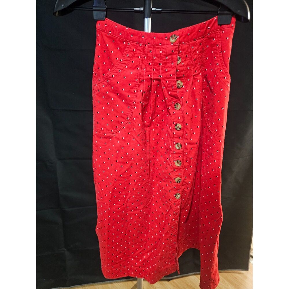 $ Free People Red Corduroy Embroidered Dot A-Line Midi / Mini Skirt